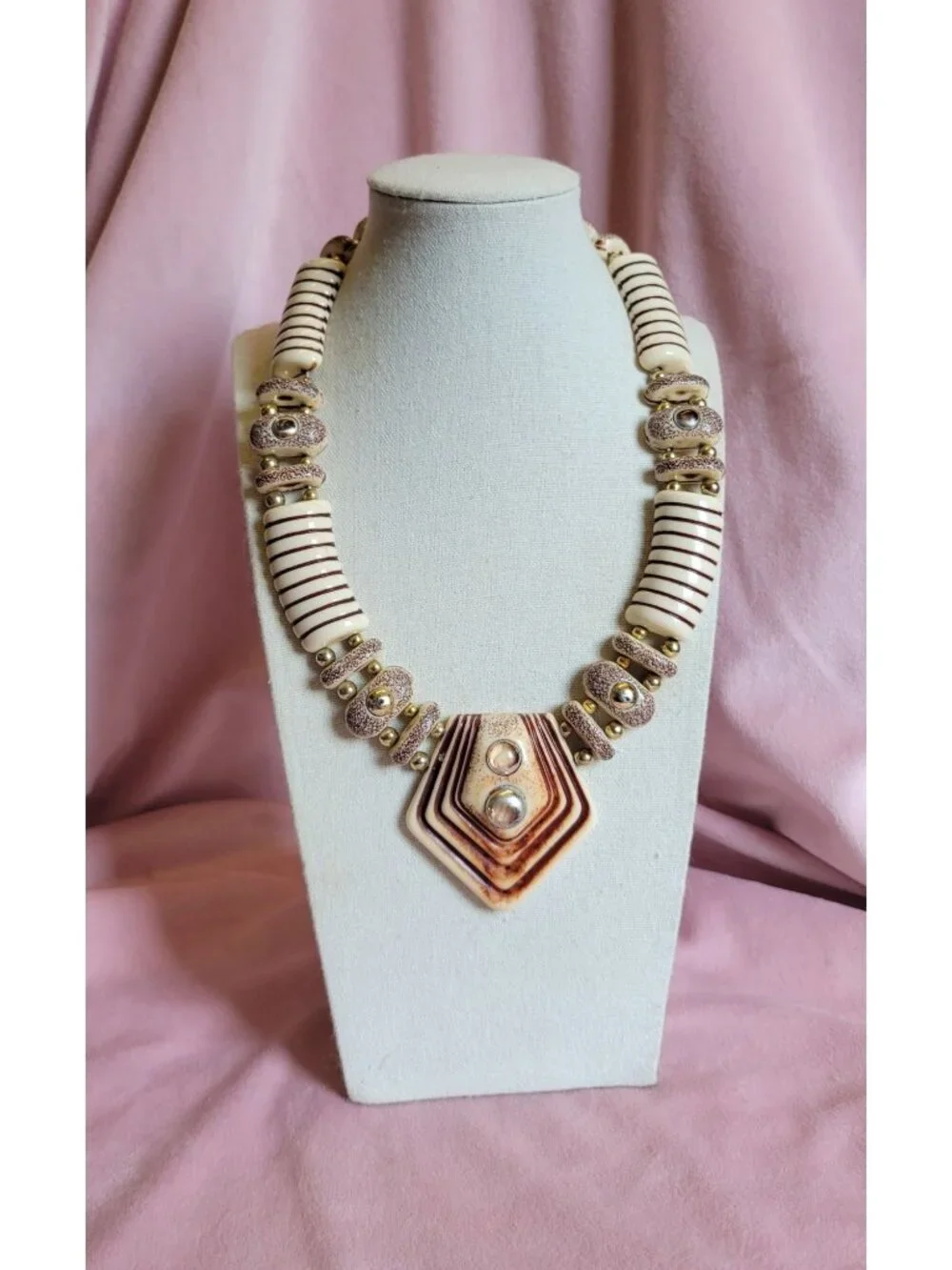 Vintage 70's Cream and Brown Geometric Gold Tone Statement Necklace N1F
